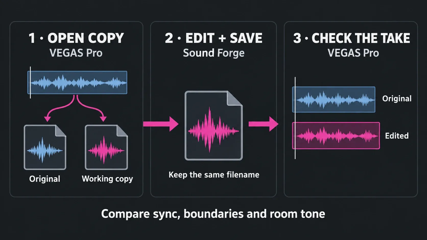 Audio round-trip diagram: open a copy in VEGAS, edit and save in Sound Forge, then compare the returned take