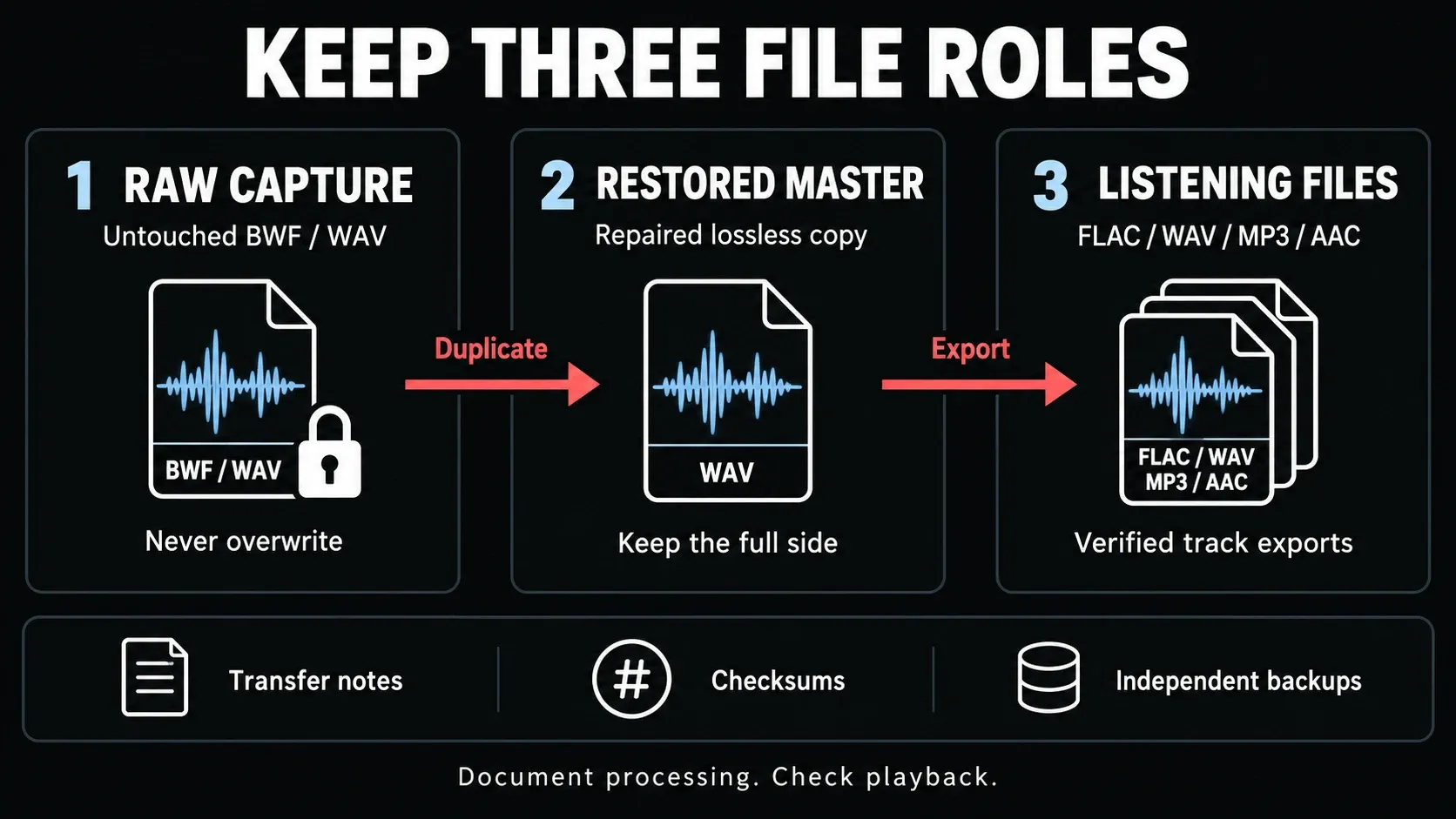 Untouched vinyl capture, restored lossless master and listening files kept as three separate roles