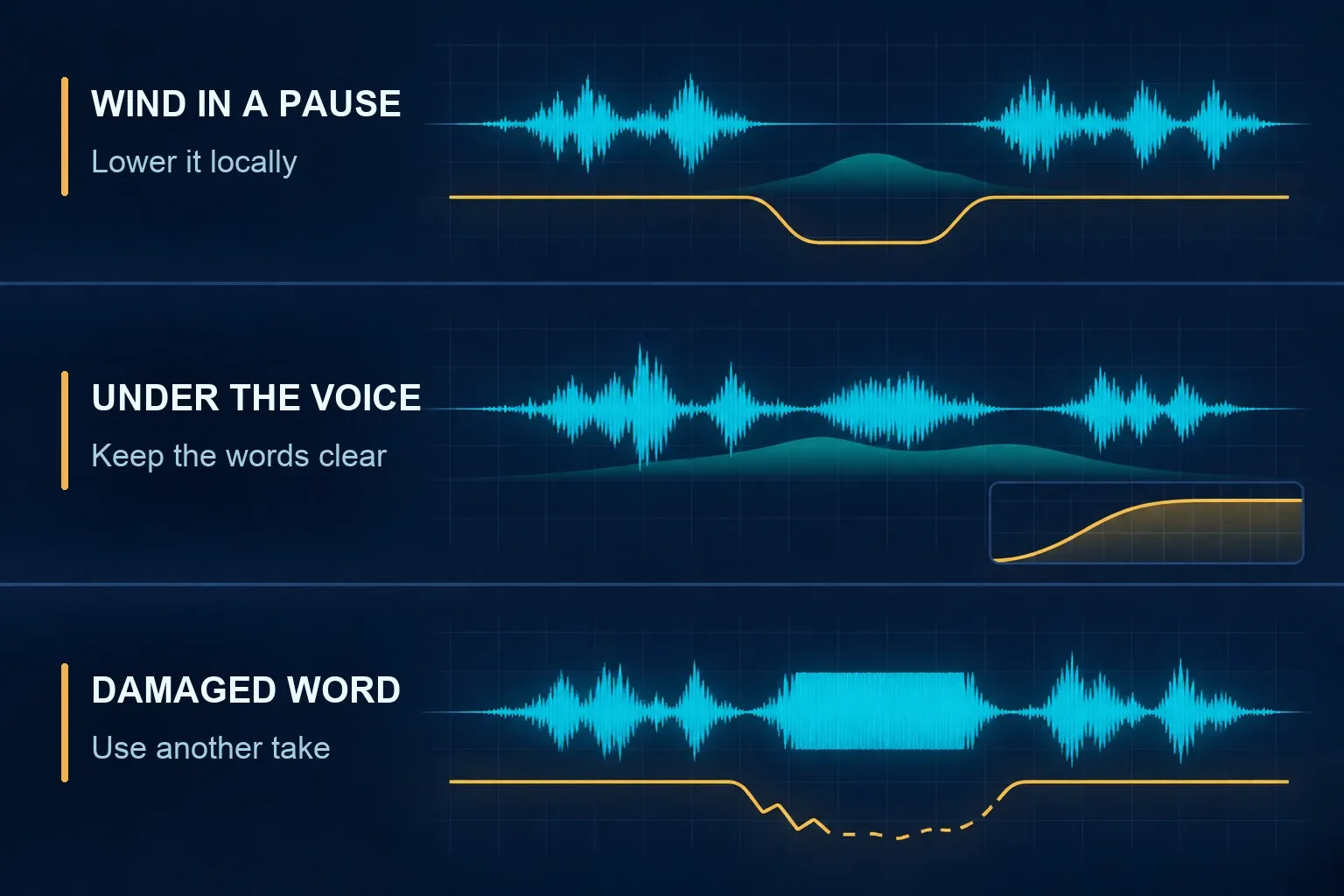 Three wind-noise cases in a voice recording: a gust in a pause, rumble beneath speech and a damaged phrase