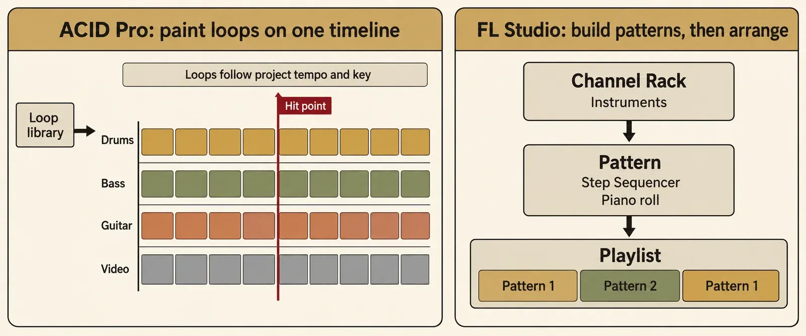 Two panels: ACID Pro with a loop library feeding Drums, Bass, Guitar and Video lanes on one timeline, a Hit point marker across all lanes and a note that loops follow project tempo and key; FL Studio with Channel Rack instruments feeding a Pattern built in the Step Sequencer and Piano roll, then Pattern 1, Pattern 2 and Pattern 1 arranged in the Playlist