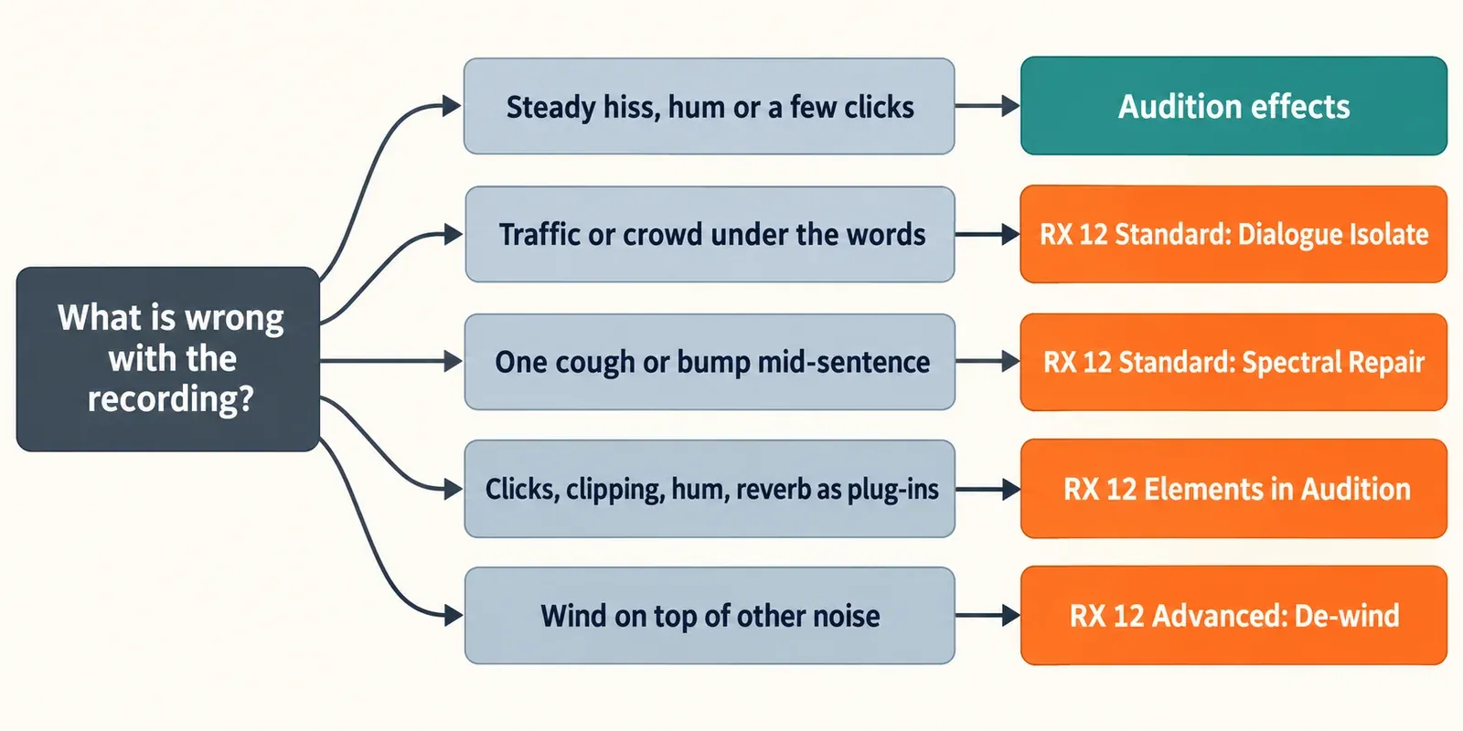 Decision path starting from What is wrong with the recording: steady hiss, hum or a few clicks leads to Audition effects; traffic or crowd under the words leads to RX 12 Standard Dialogue Isolate; one cough or bump mid-sentence leads to RX 12 Standard Spectral Repair; clicks, clipping, hum and reverb as plug-ins lead to RX 12 Elements in Audition; wind on top of other noise leads to RX 12 Advanced De-wind
