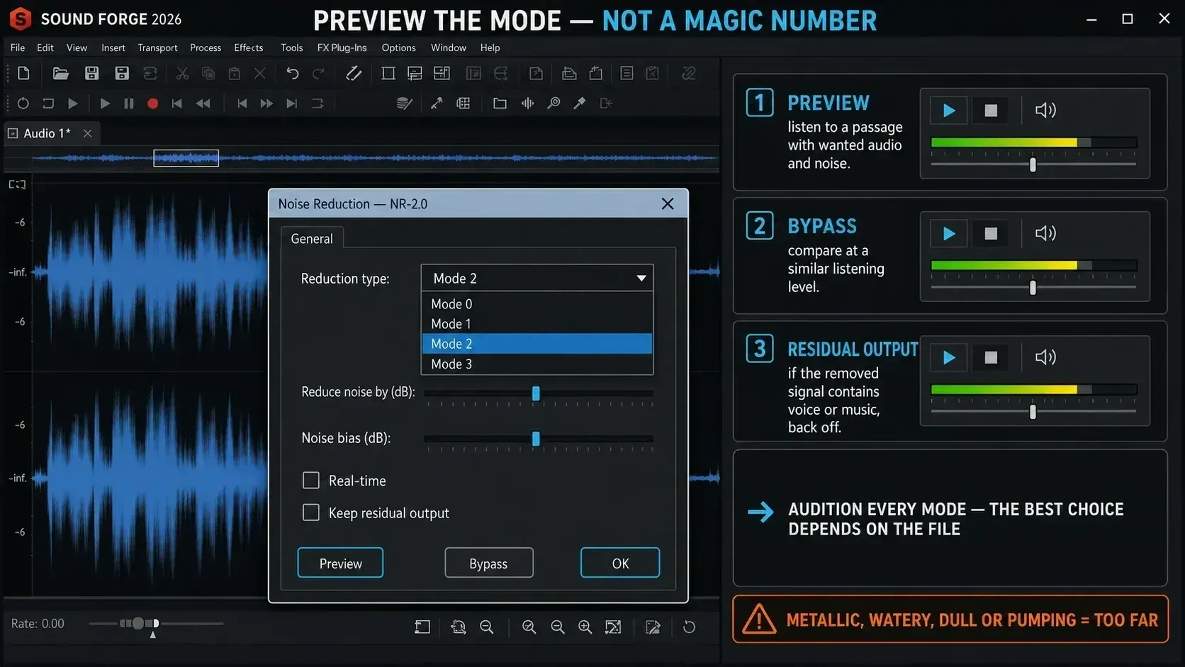 NR-2.0 settings auditioned in Sound Forge through Preview, Bypass and the residual signal