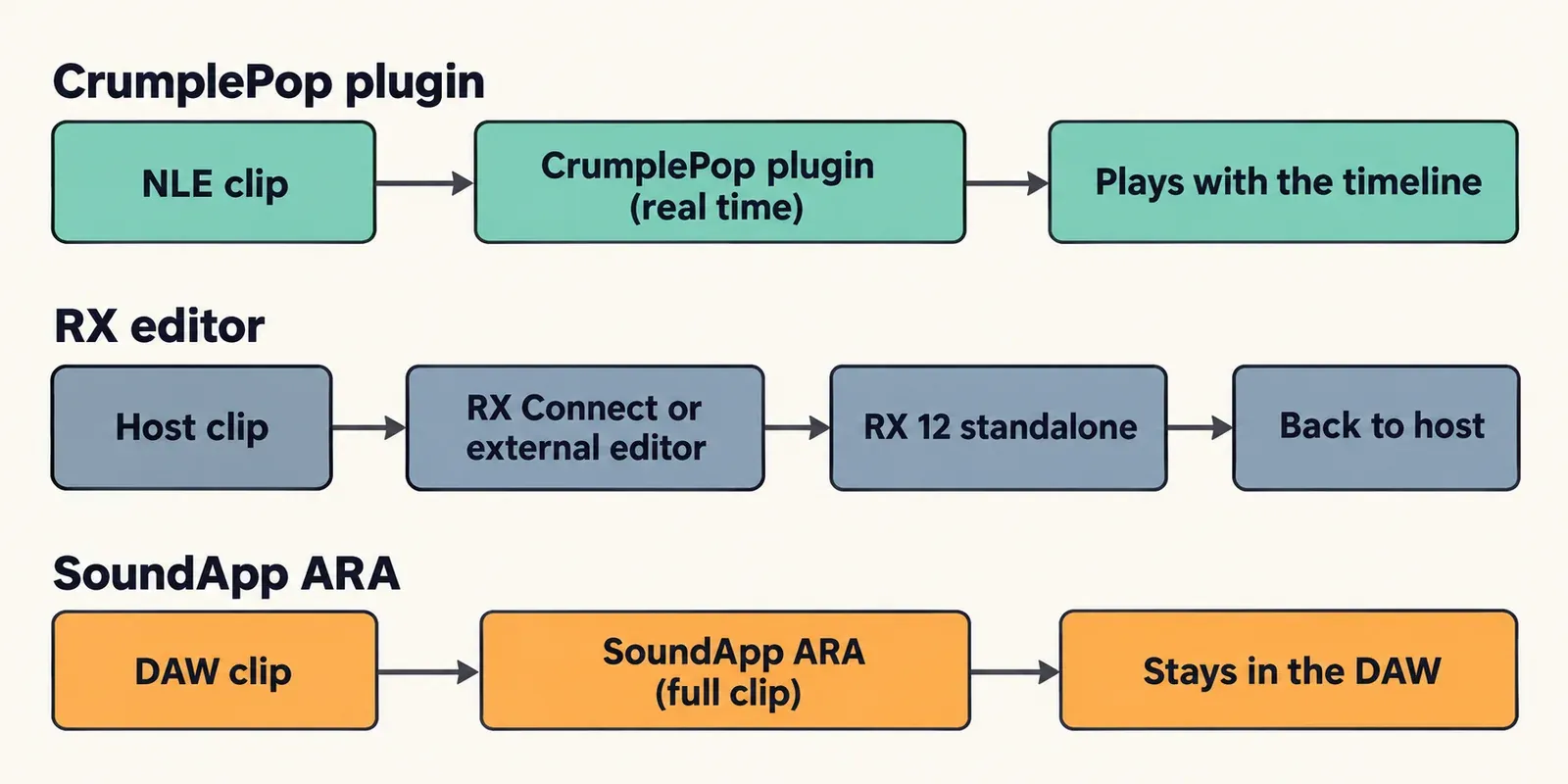 Three signal paths: an NLE clip through a real-time CrumplePop plugin that plays with the timeline; a host clip sent through RX Connect or an external editor to RX 12 standalone and back; a DAW clip processed by SoundApp ARA as a full clip without leaving the DAW