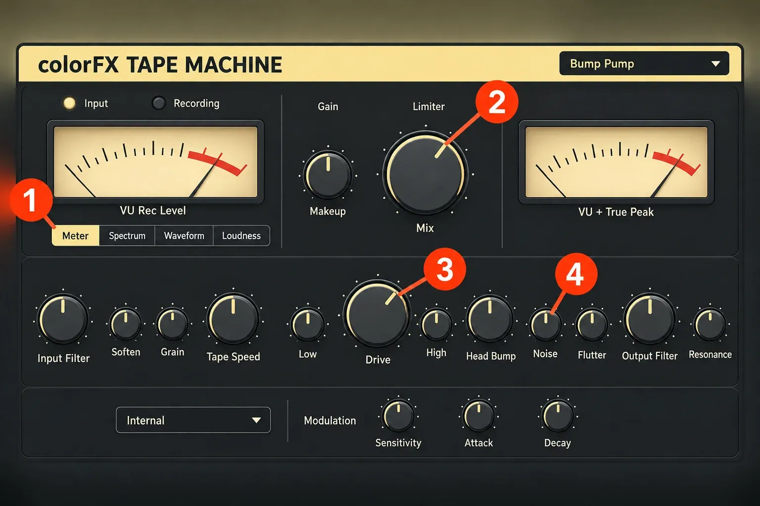 colorFX Tape Machine window with numbered markers on the Meter, Spectrum, Waveform and Loudness tabs, the Drive knob, the Noise knob and the Mix knob