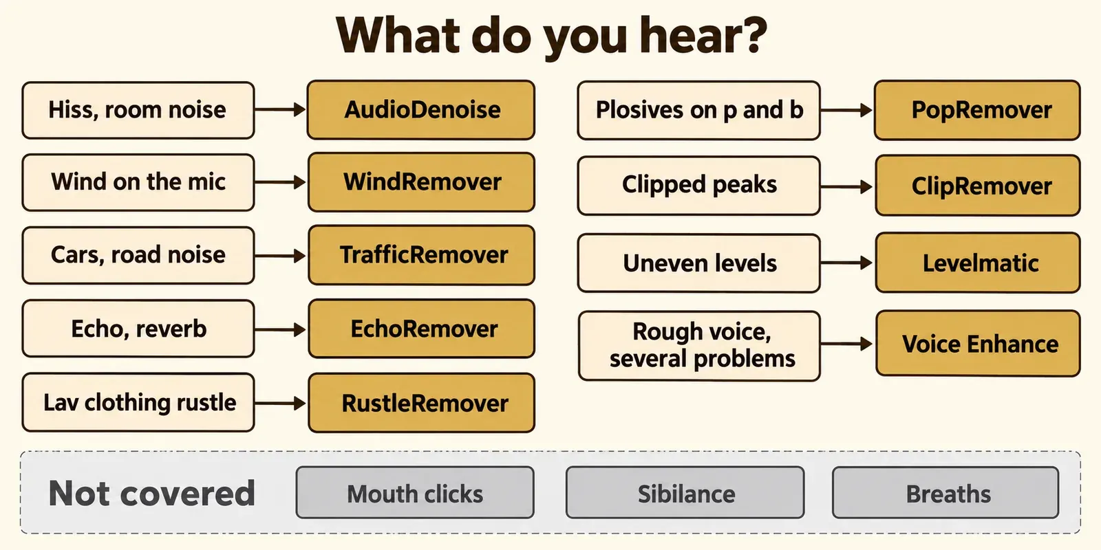 Decision chart matching noise symptoms to CrumplePop plugins: hiss and room noise to AudioDenoise, wind to WindRemover, road noise to TrafficRemover, echo to EchoRemover, lav rustle to RustleRemover, plosives to PopRemover, clipped peaks to ClipRemover, uneven levels to Levelmatic and a rough overall voice to Voice Enhance, with mouth clicks, sibilance and breaths in a Not covered lane