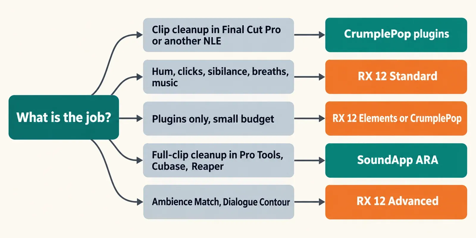 Decision map starting from What is the job: clip cleanup in Final Cut Pro or another NLE leads to CrumplePop plugins; hum, clicks, sibilance, breaths and music lead to RX 12 Standard; plugins only on a small budget lead to RX 12 Elements or CrumplePop; full-clip cleanup in Pro Tools, Cubase or Reaper leads to SoundApp ARA; Ambience Match and Dialogue Contour lead to RX 12 Advanced