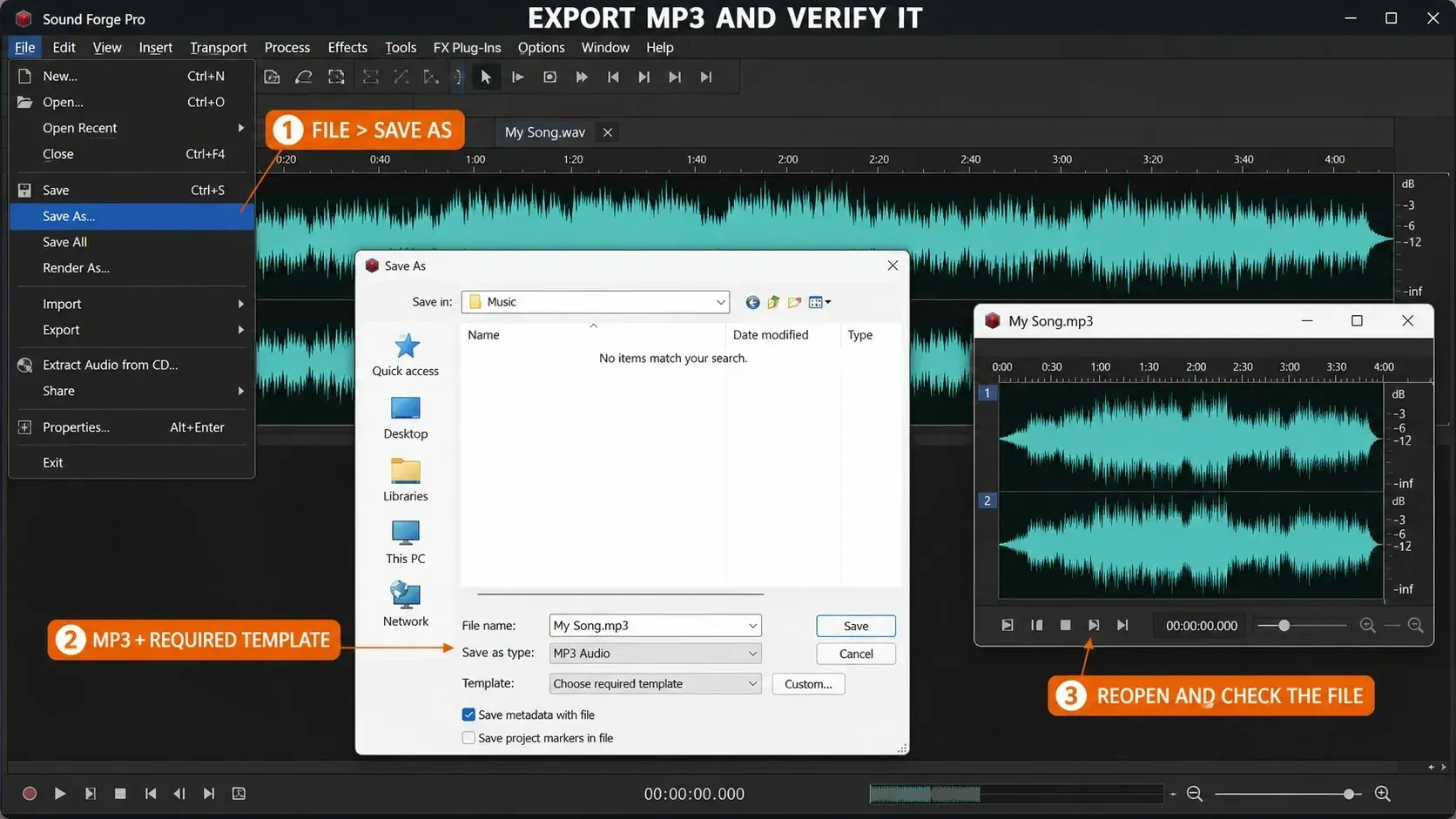 MP3 workflow: Save As, choose an MP3 template, save a separate output and reopen it
