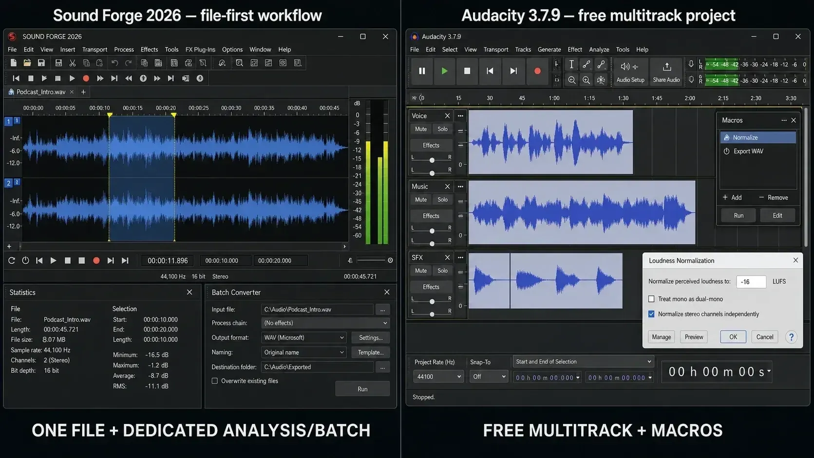 Sound Forge batch tools beside an Audacity project running Macros