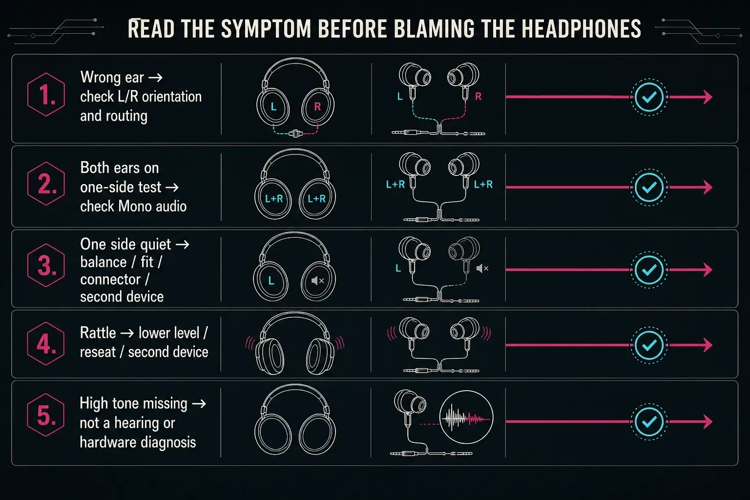 Five headphone test symptoms mapped to routing, mono, balance, connector, and second-device checks