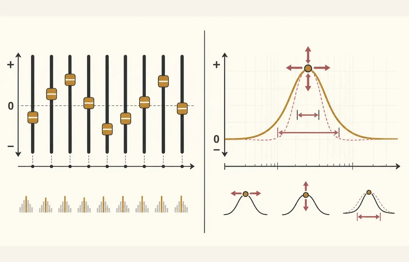 Diagram comparing fixed graphic EQ bands with adjustable parametric EQ frequency, gain and bandwidth controls