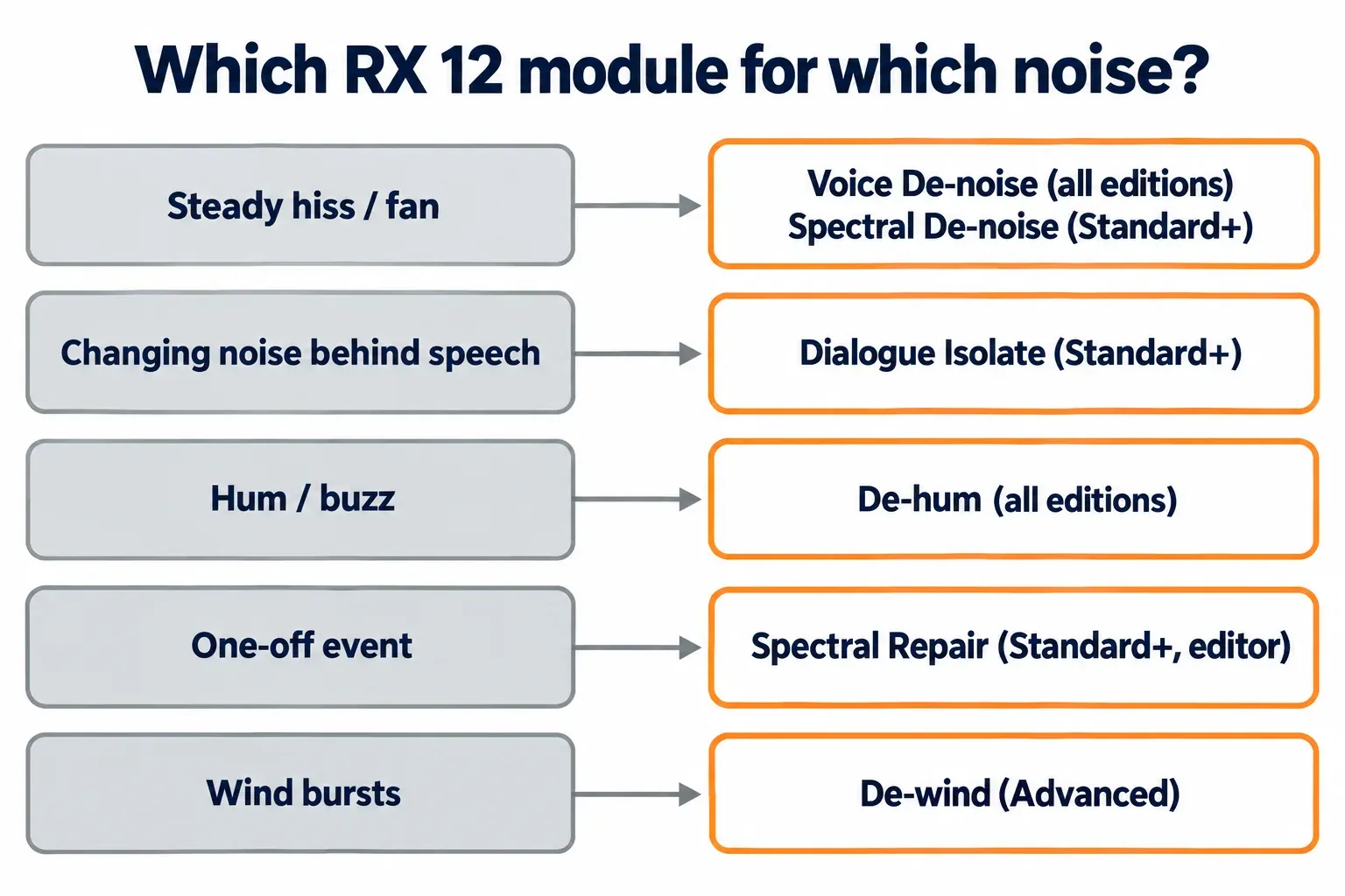 Decision chart matching steady hiss, changing noise behind speech, hum, one-off events and wind bursts to the RX 12 module and minimum edition for each