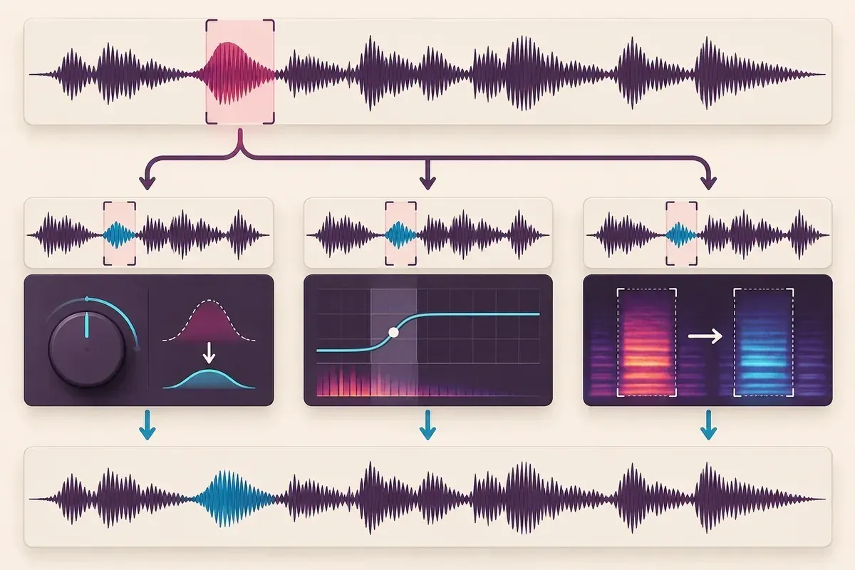 Plosive burst isolated for local gain, low-frequency EQ or spectral repair