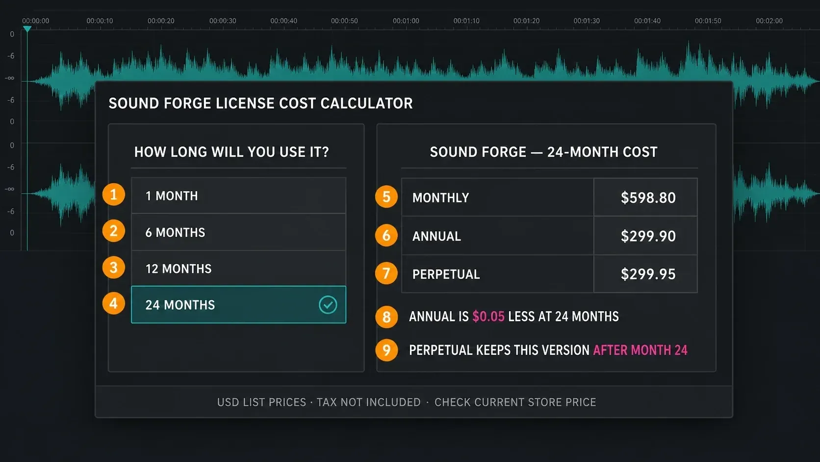 24-month Sound Forge cost comparison: monthly plan $598.80, annual plan $299.90, perpetual license $299.95