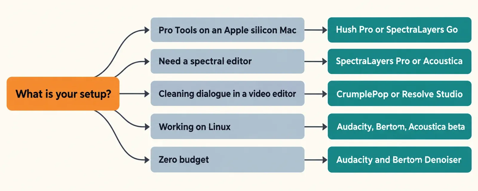 Decision path from What is your setup: Pro Tools on an Apple silicon Mac leads to Hush Pro or SpectraLayers Go; needing a spectral editor leads to SpectraLayers Pro or Acoustica; cleaning dialogue in a video editor leads to CrumplePop or Resolve Studio; working on Linux leads to Audacity, Bertom or the Acoustica beta; zero budget leads to Audacity and Bertom Denoiser