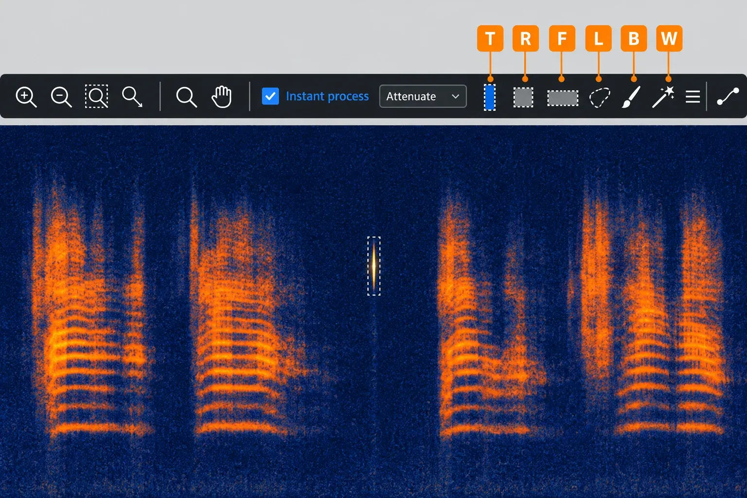RX 12 toolbar below a speech spectrogram with the T, R, F, L, B and W selection tools labeled and a narrow box drawn around a single click