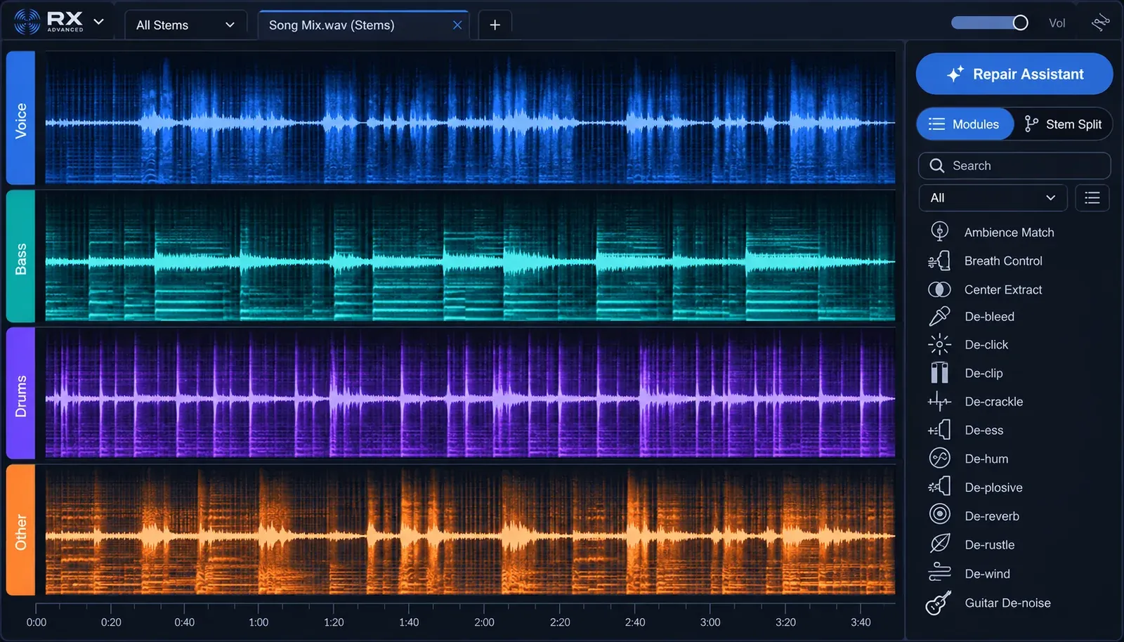 RX 12 Advanced Audio Editor in Stems view with Voice, Bass, Drums and Other lanes, the All Stems selector above them and the Modules and Stem Split toggle in the right panel