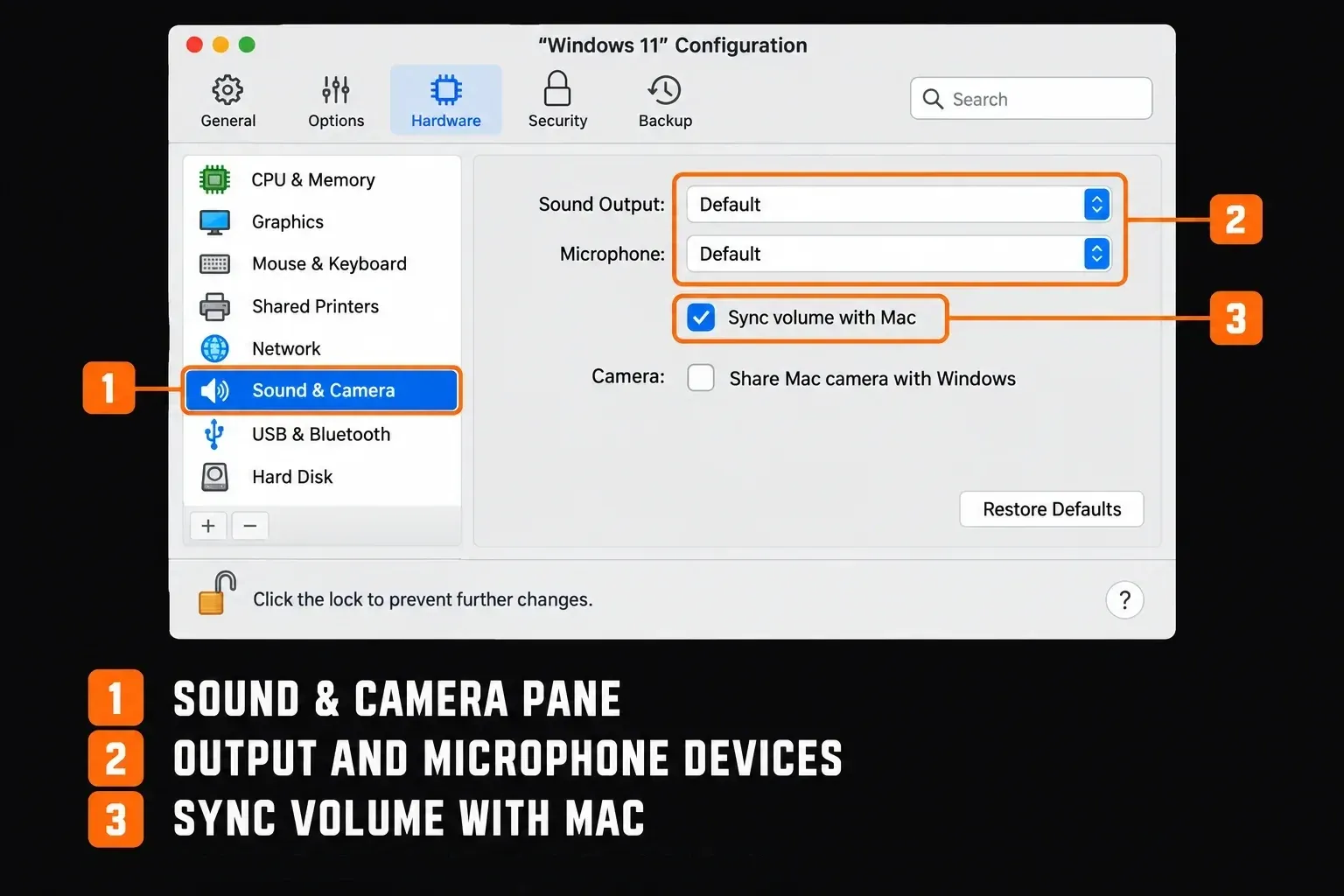 Parallels Desktop Sound & Camera settings with Sound Output, Microphone and Sync volume with Mac controls