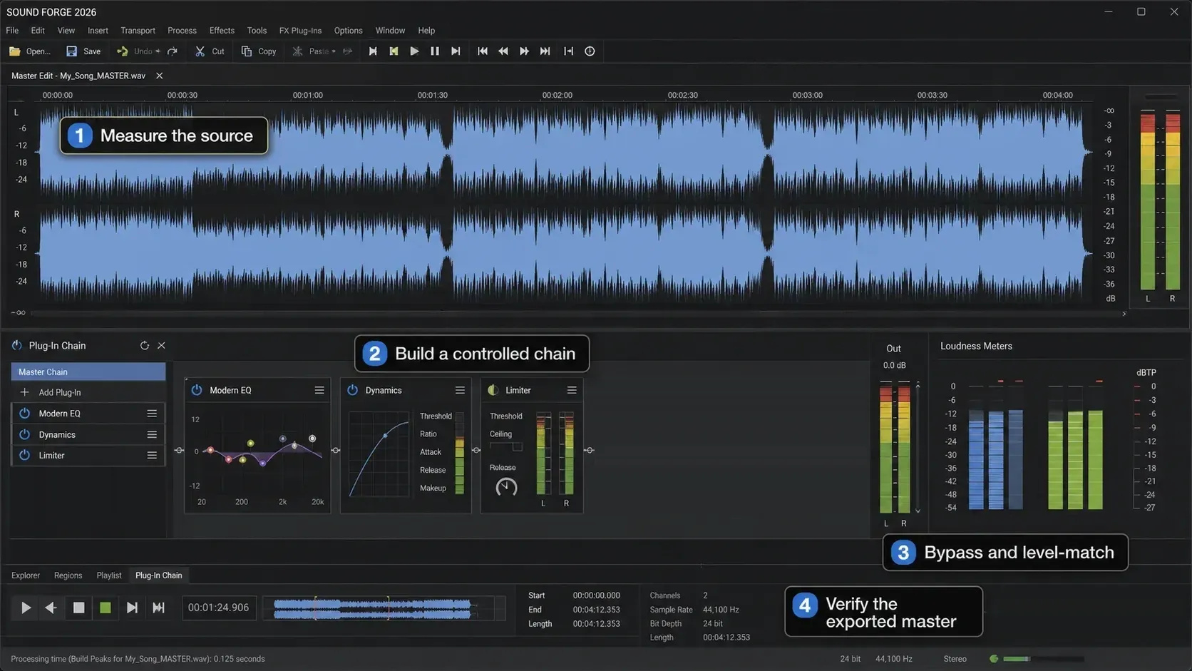 A full mastering pass in Sound Forge: measure the source, build the chain, bypass-check, verify the export