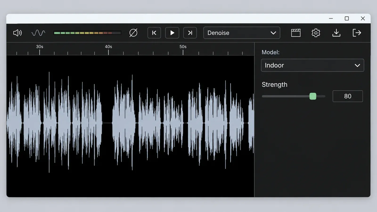 CrumplePop SoundApp Denoise window with the Denoise process menu in the toolbar, a speech waveform with a 30s to 50s time ruler, and a right panel showing Model set to Indoor and a Strength slider at 80