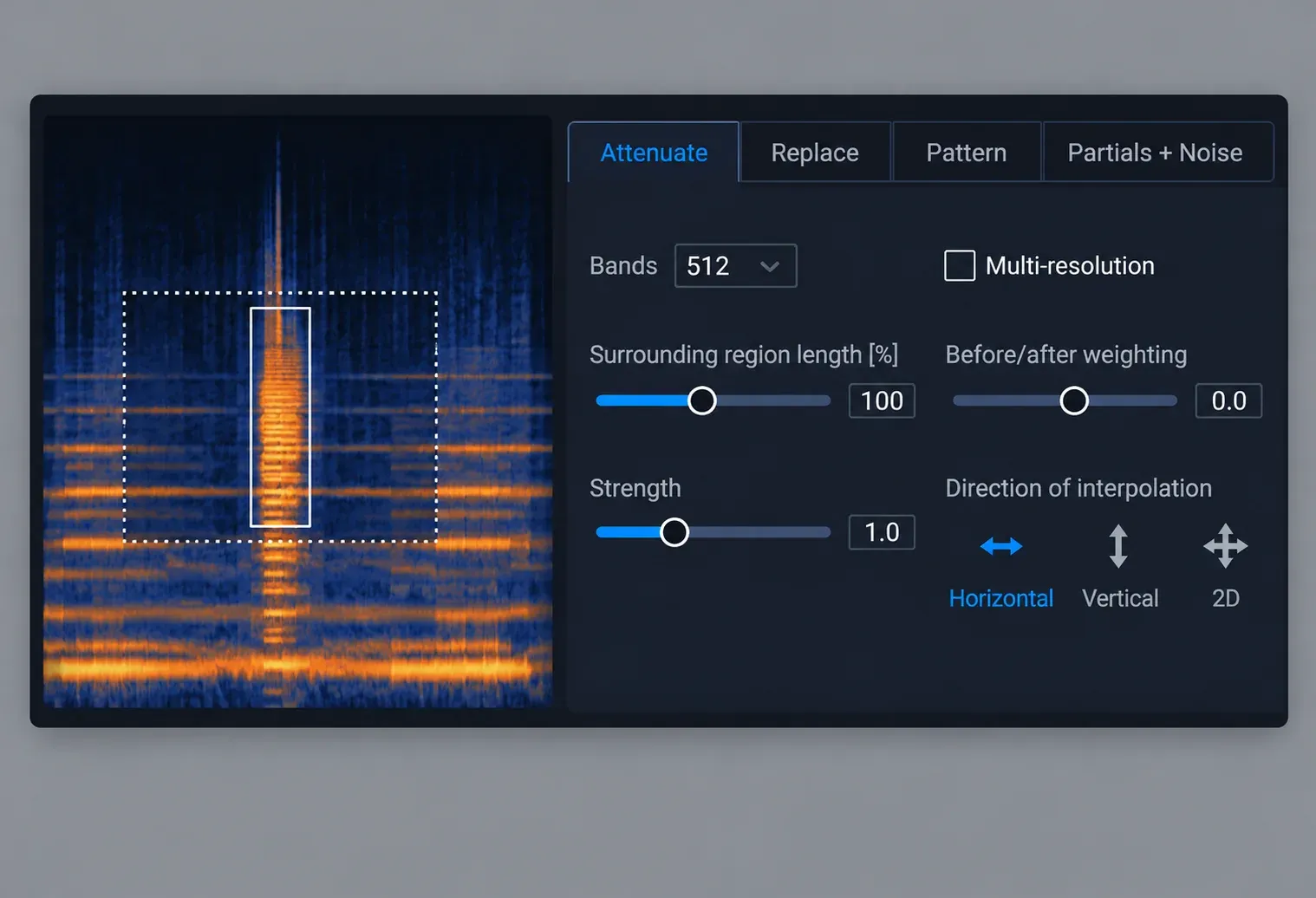 RX 12 Spectral Repair Attenuate tab with Bands, Surrounding region length, Strength, Multi-resolution, Before/after weighting and Direction of interpolation, beside a spectrogram with a solid selection box inside a dotted surrounding-region outline