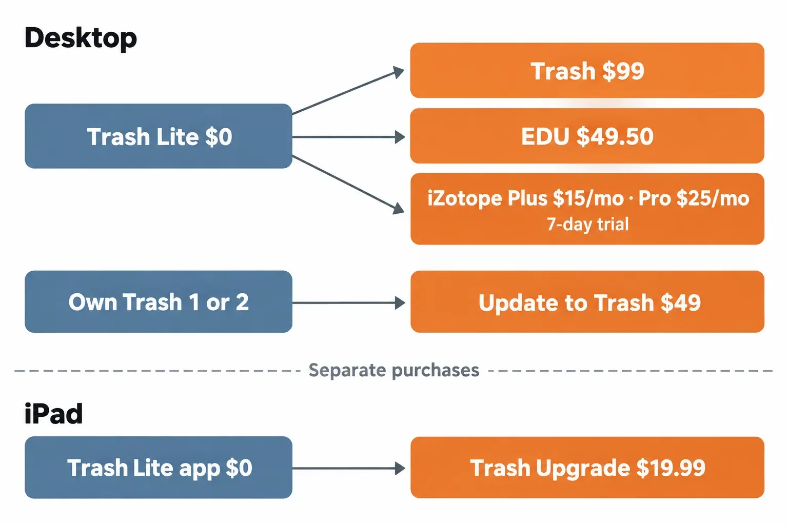 Decision chart: on desktop, Trash Lite leads to Trash at $99, the $49.50 EDU price or iZotope Plus and Pro subscriptions, owners of Trash 1 or 2 update for $49, and the separate iPad route goes to the $19.99 Trash Upgrade