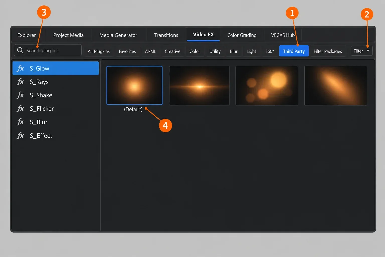 VEGAS Pro 2026 Video FX window with the Third Party category selected, the Filter drop-down at upper right, a list of Sapphire S_ effects in the left pane and preset thumbnails in the right pane, with numbered markers on each control