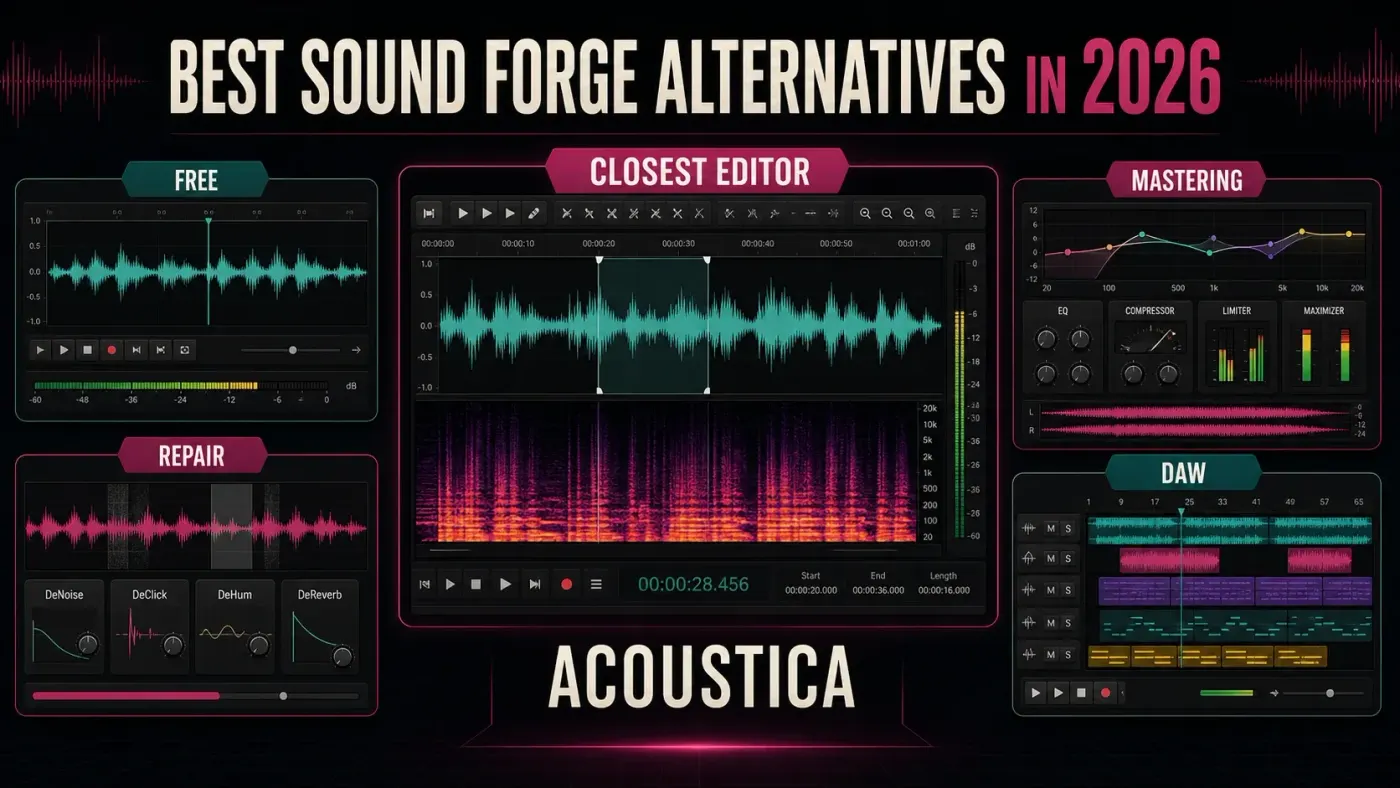 Audio editing workflow map with Acoustica as the closest Sound Forge alternative