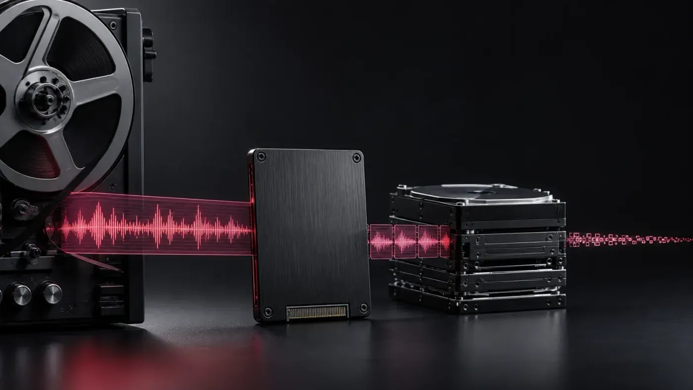 Audio waveform moving from a reel through solid-state and archive storage for file-size planning