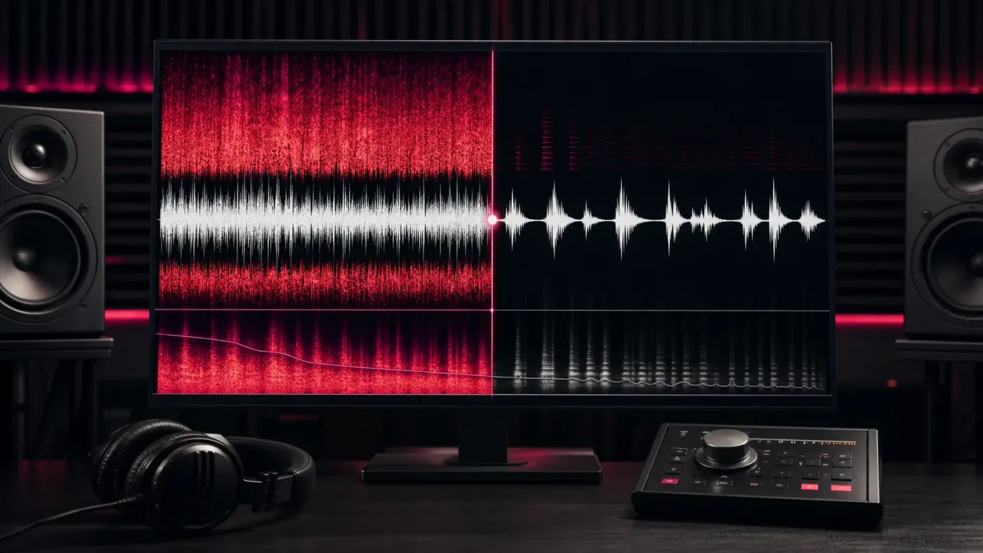 Audio noise reduction software changing a noisy spectrogram into a clean speech waveform