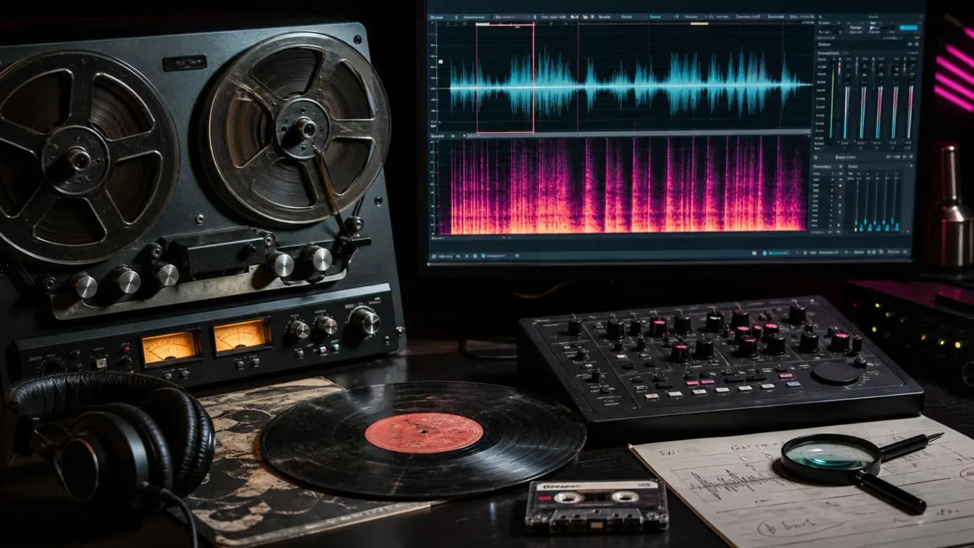 Audio restoration workstation with reel-to-reel tape, vinyl, cassette, waveform and spectrogram