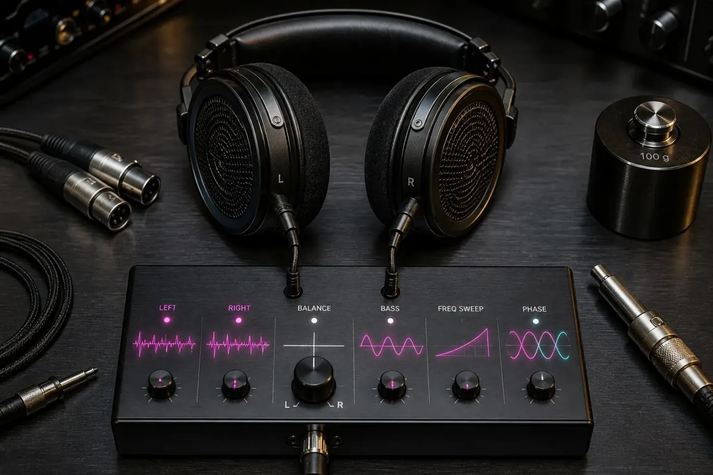Headphones undergoing channel, balance, bass, sweep, and phase checks