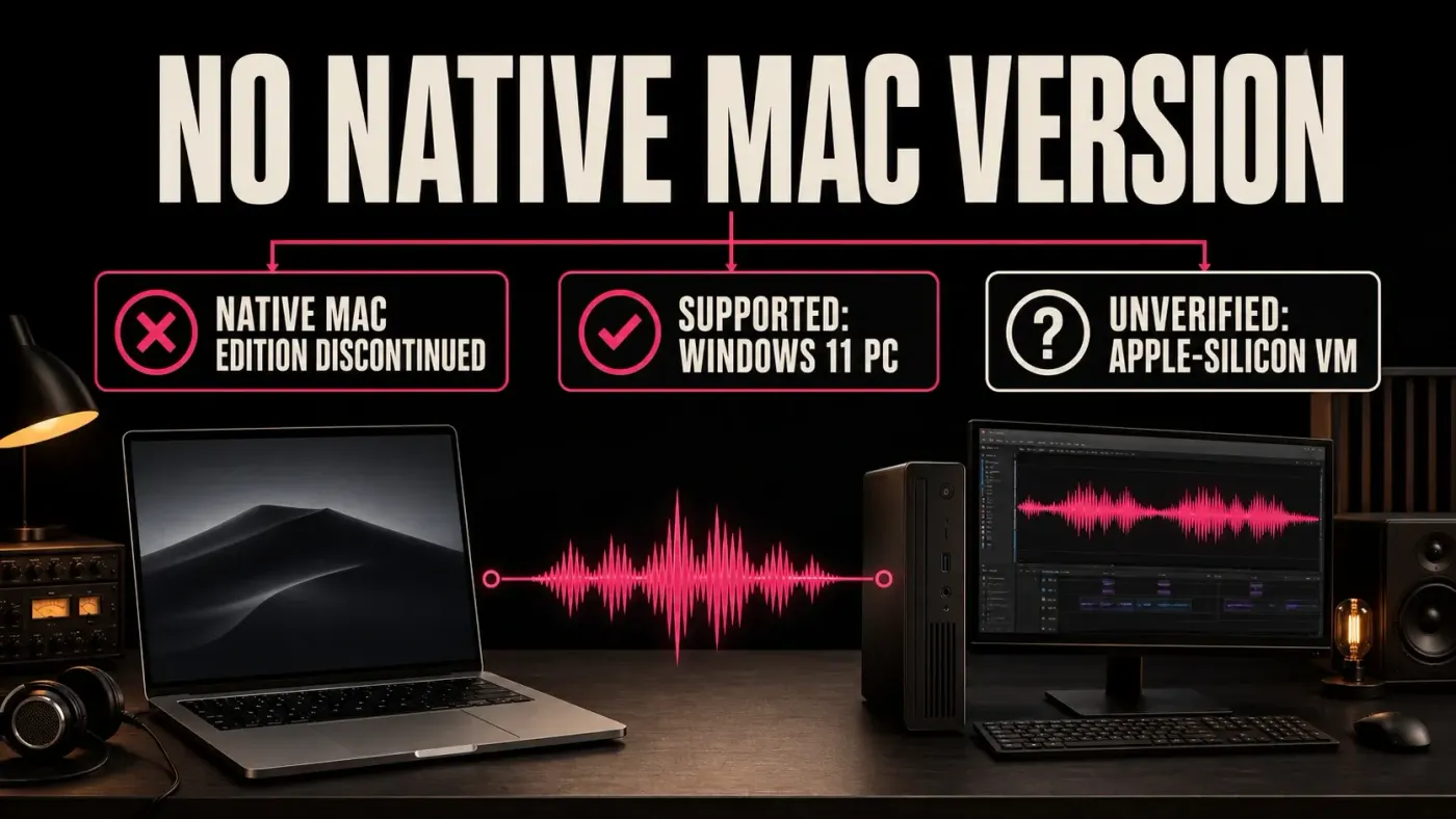 Sound Forge for Mac decision showing no native version, a supported Windows 11 PC and an unverified Apple-silicon VM