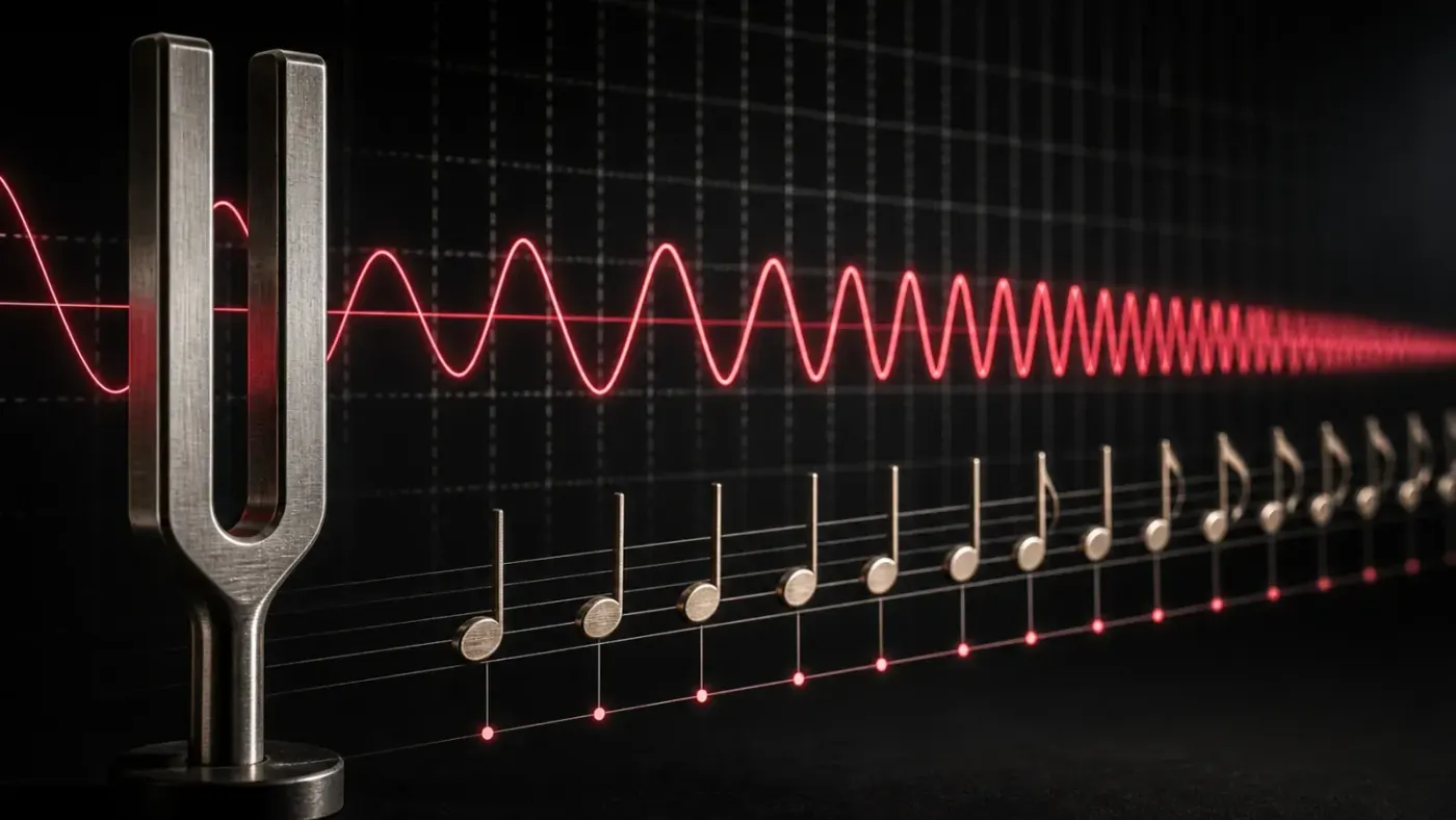 Tuning fork beside musical notes aligned to a red frequency waveform