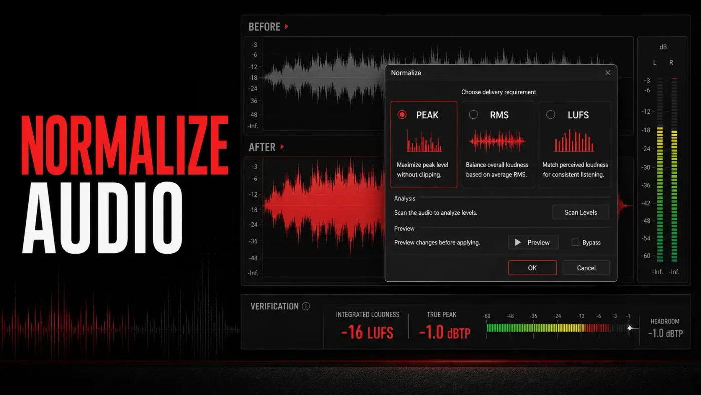 Normalizing a quiet voice file in Sound Forge and verifying the rendered result