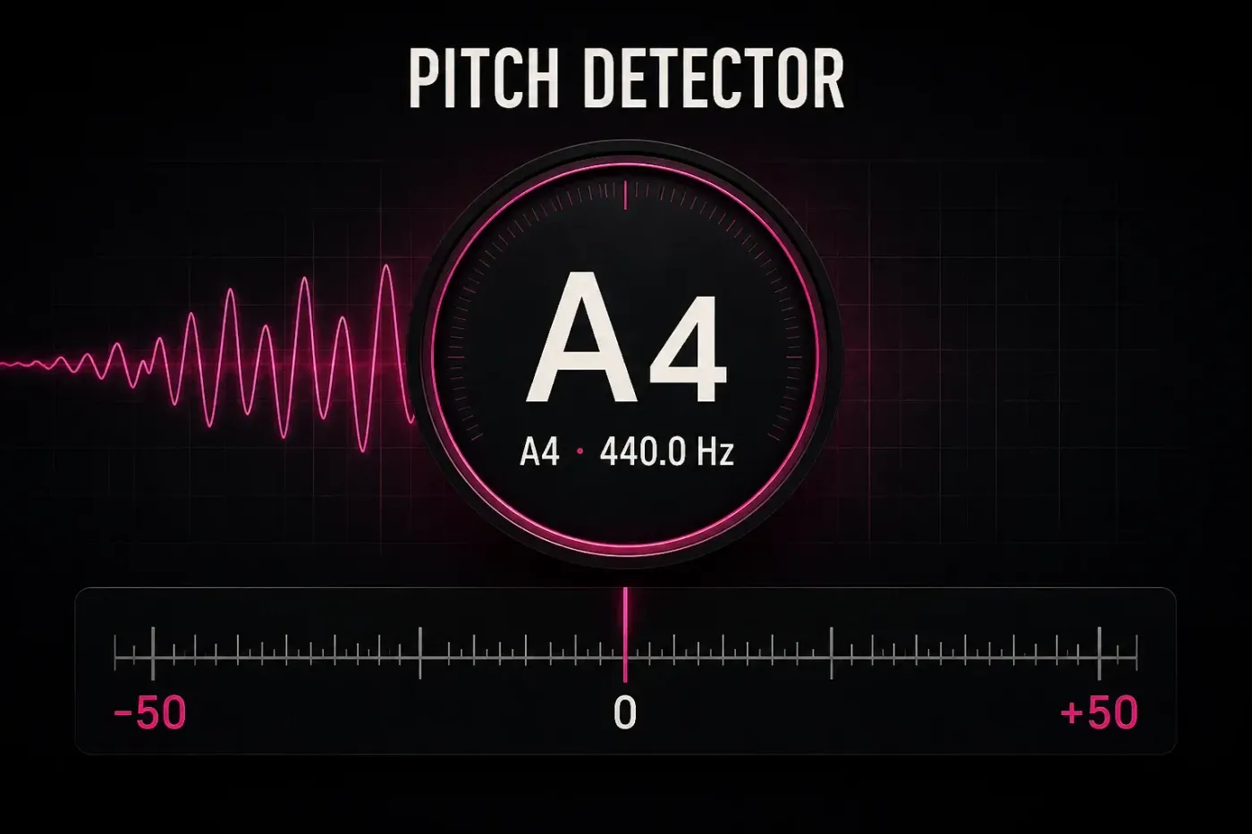 Online pitch detector reading A4 at 440 Hz with a centered cents tuning scale