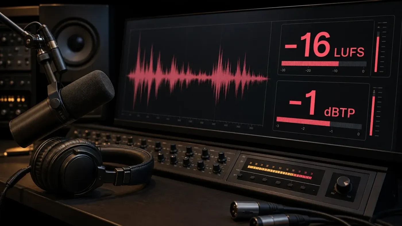 Podcast loudness quality control with a dialogue waveform, minus 16 LUFS and minus 1 dBTP readings