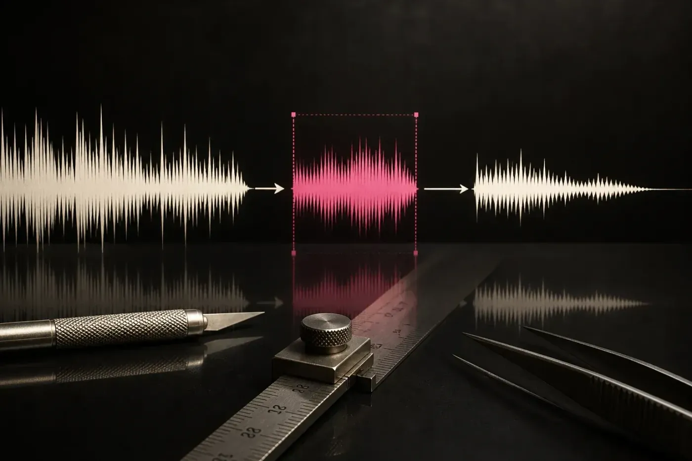 Precision waveform edit with a selected range between the source and verified output
