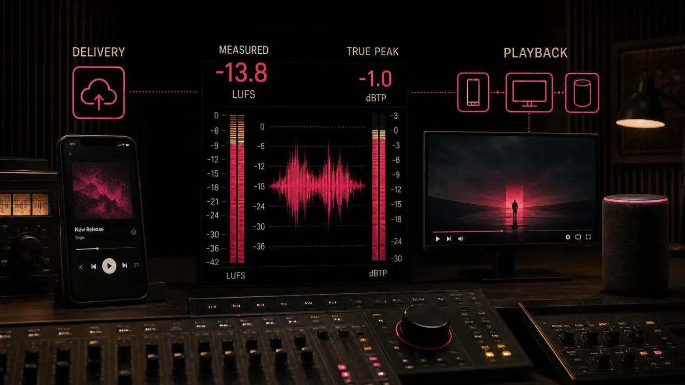Streaming loudness delivery with measured LUFS, true peak, phone, video player and smart speaker playback