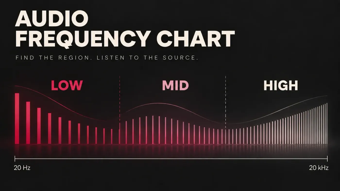 Low, mid and high audio-frequency regions across a conceptual 20 Hz to 20 kHz map