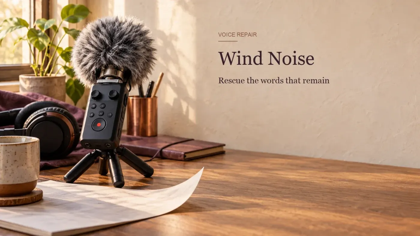 Portable recorder with a furry windscreen beside a loose sheet of paper in a sunlit studio