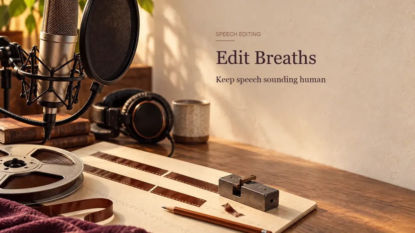 Microphone, pop filter and magnetic tape strips on an audio editing desk