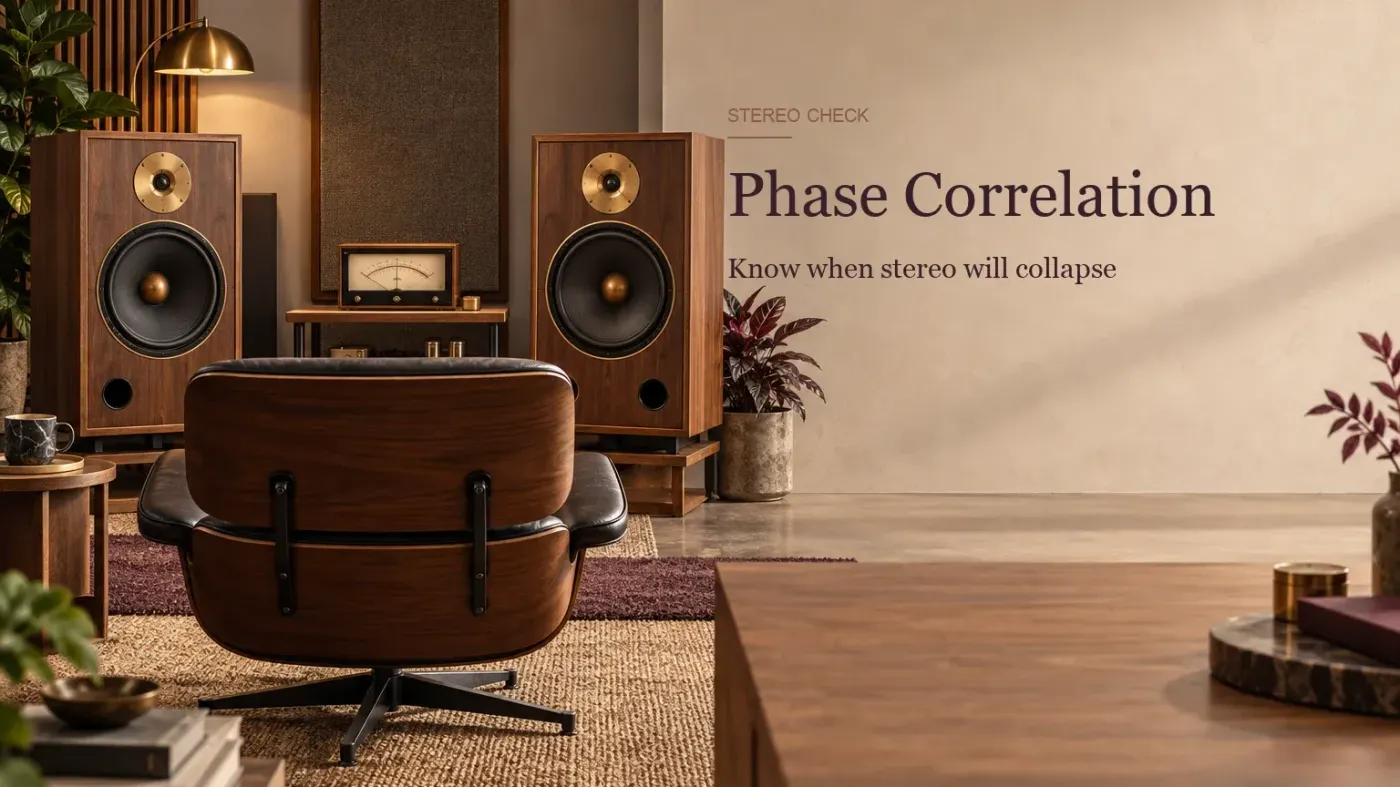 Two studio loudspeakers facing a listening chair with a small analog meter between them