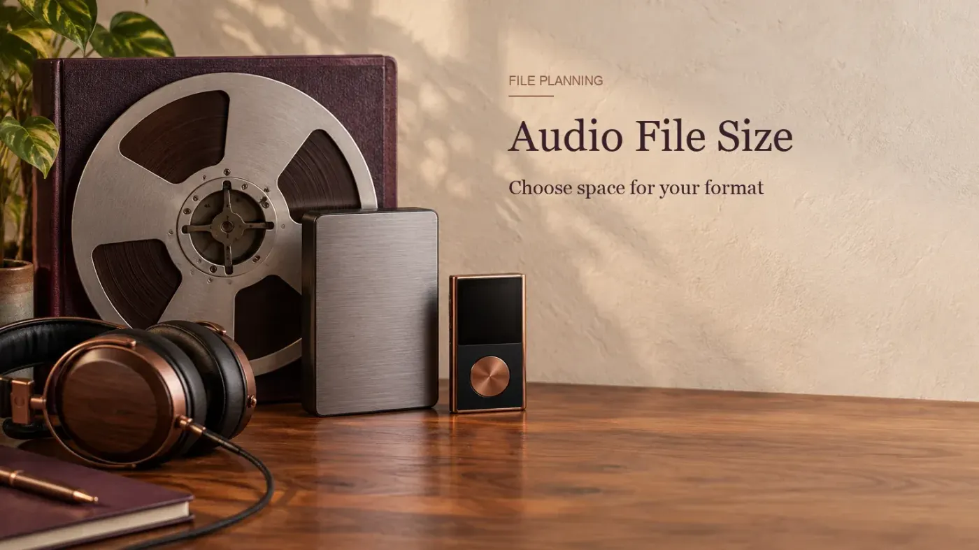 Tape reel, portable storage drive, compact media player and headphones beside the title Audio File Size