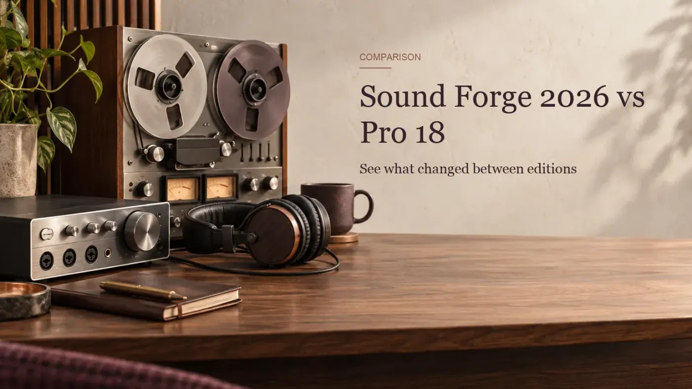 Новое и старое аудиооборудование рядом для сравнения Sound Forge 2026 и Pro 18