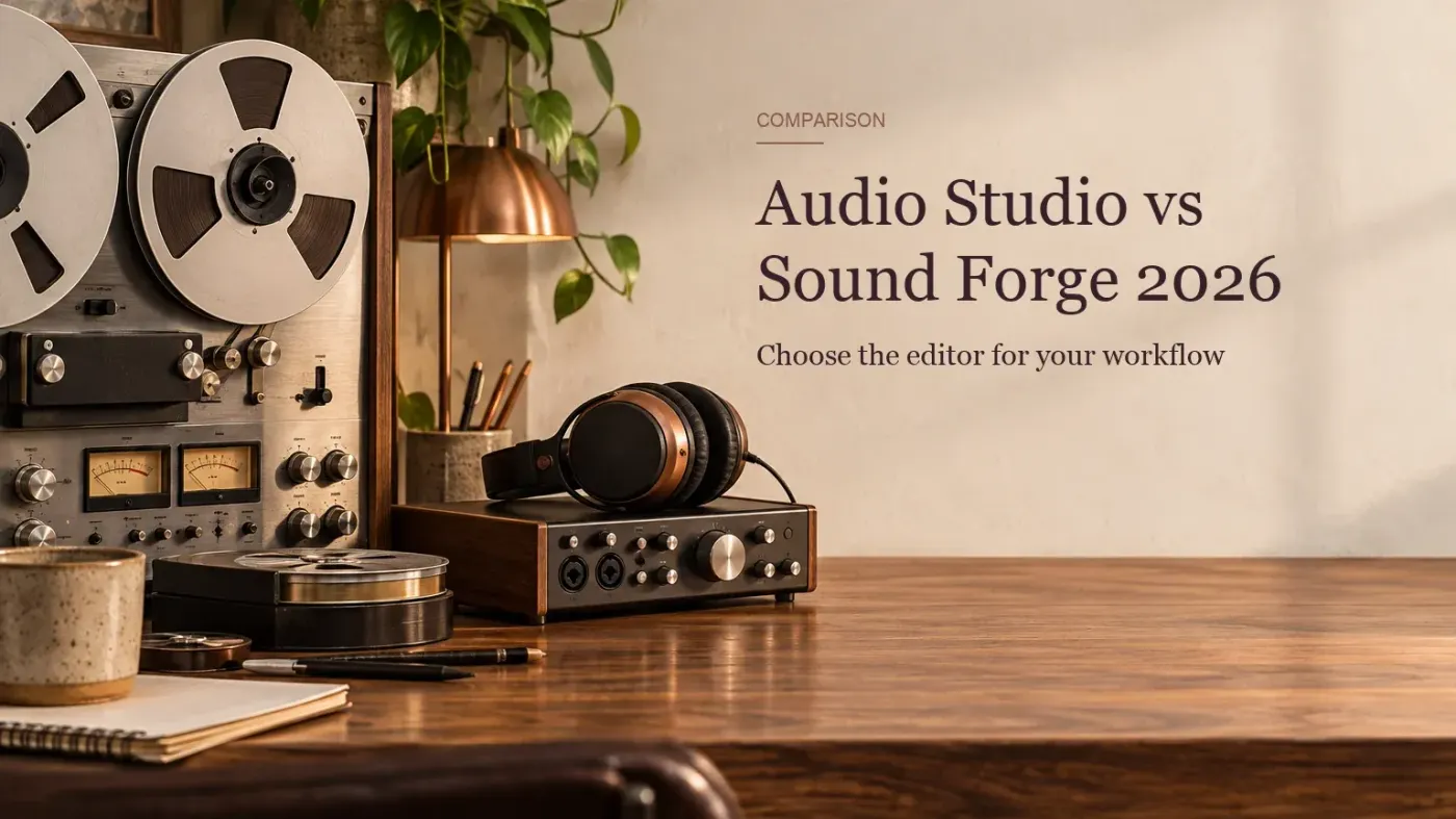 Катушечный магнитофон, аудиоинтерфейс и наушники для сравнения Audio Studio и Sound Forge 2026