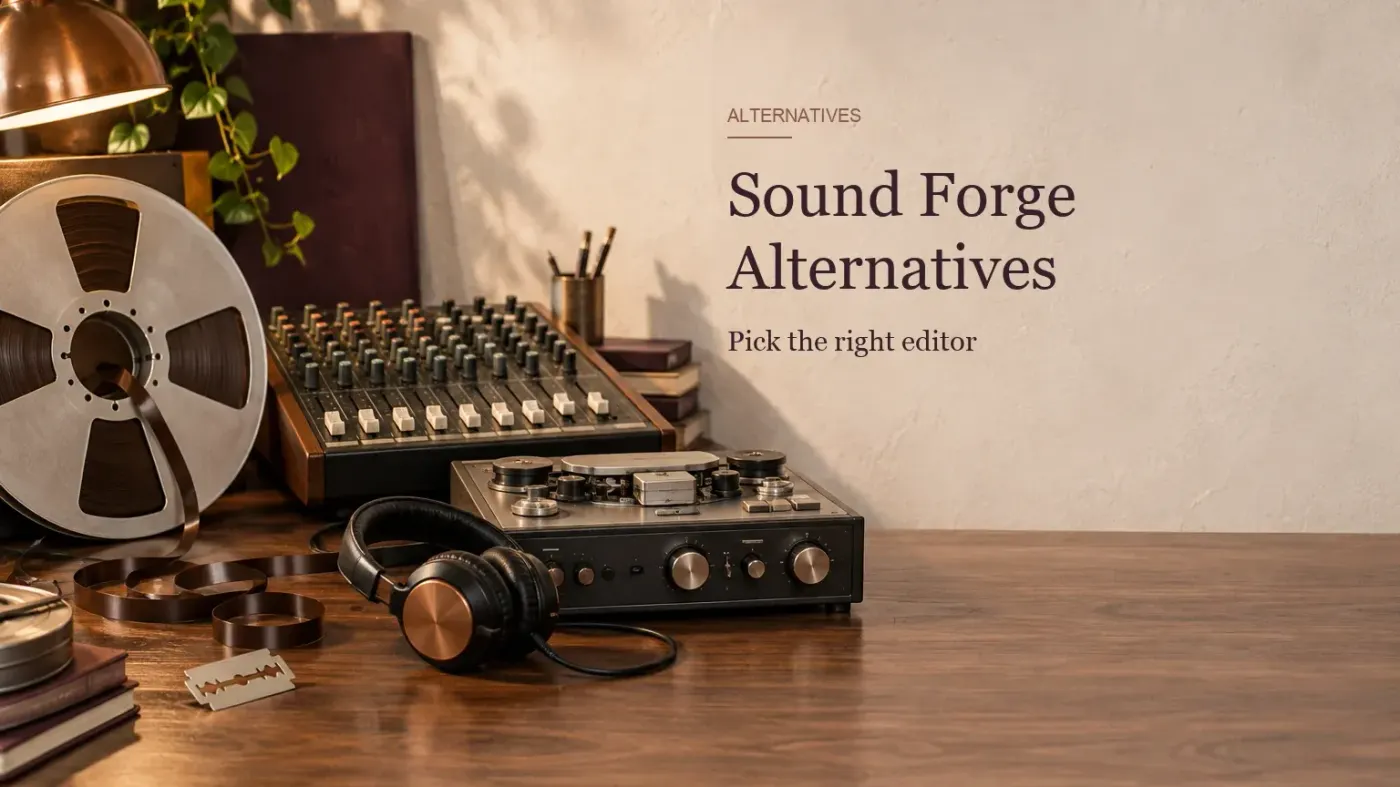 Tape reel, small mixer, audio units and headphones beside the title Sound Forge Alternatives