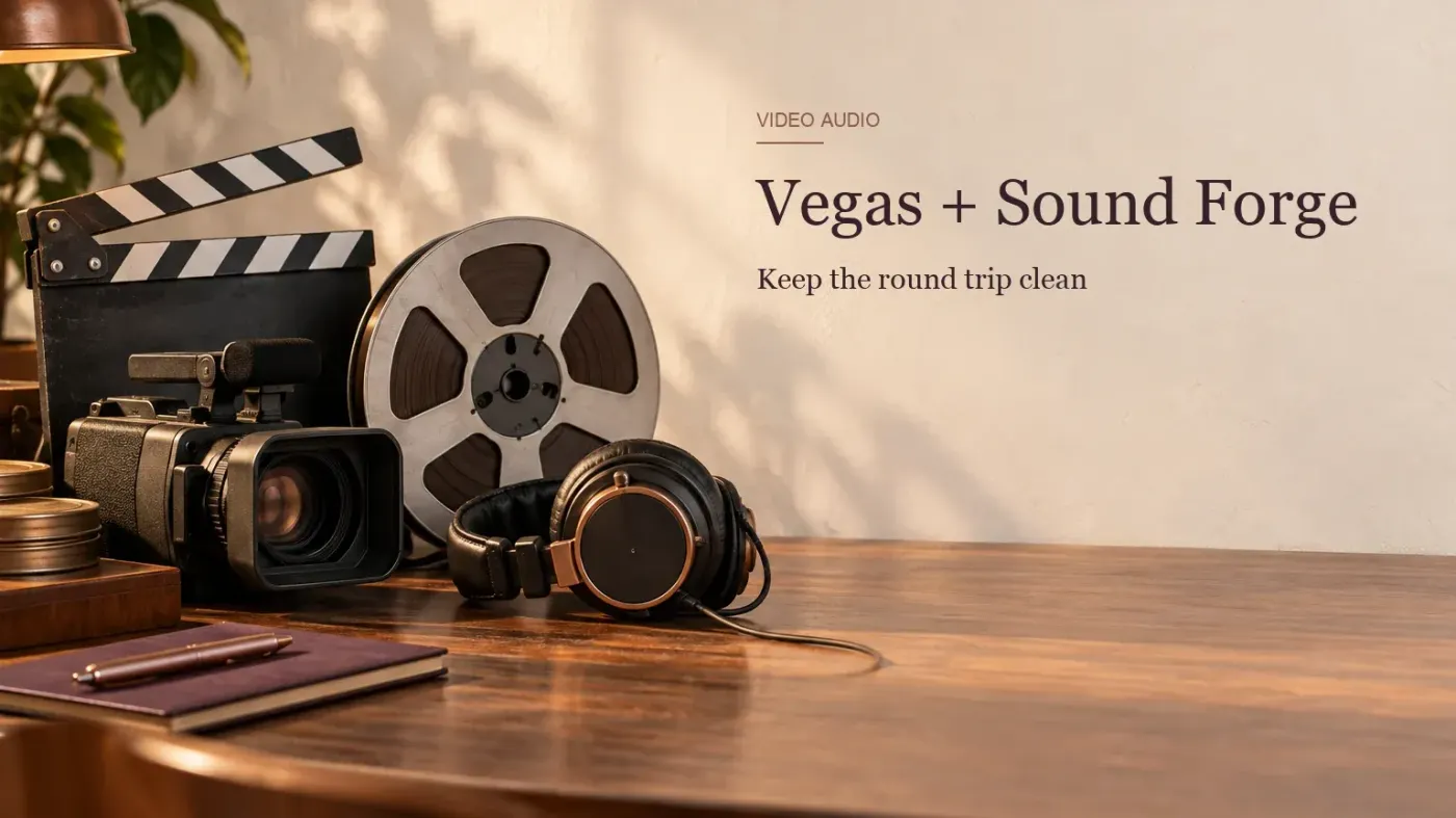 Видеокамера, хлопушка, катушка и наушники для связки Vegas Pro и Sound Forge