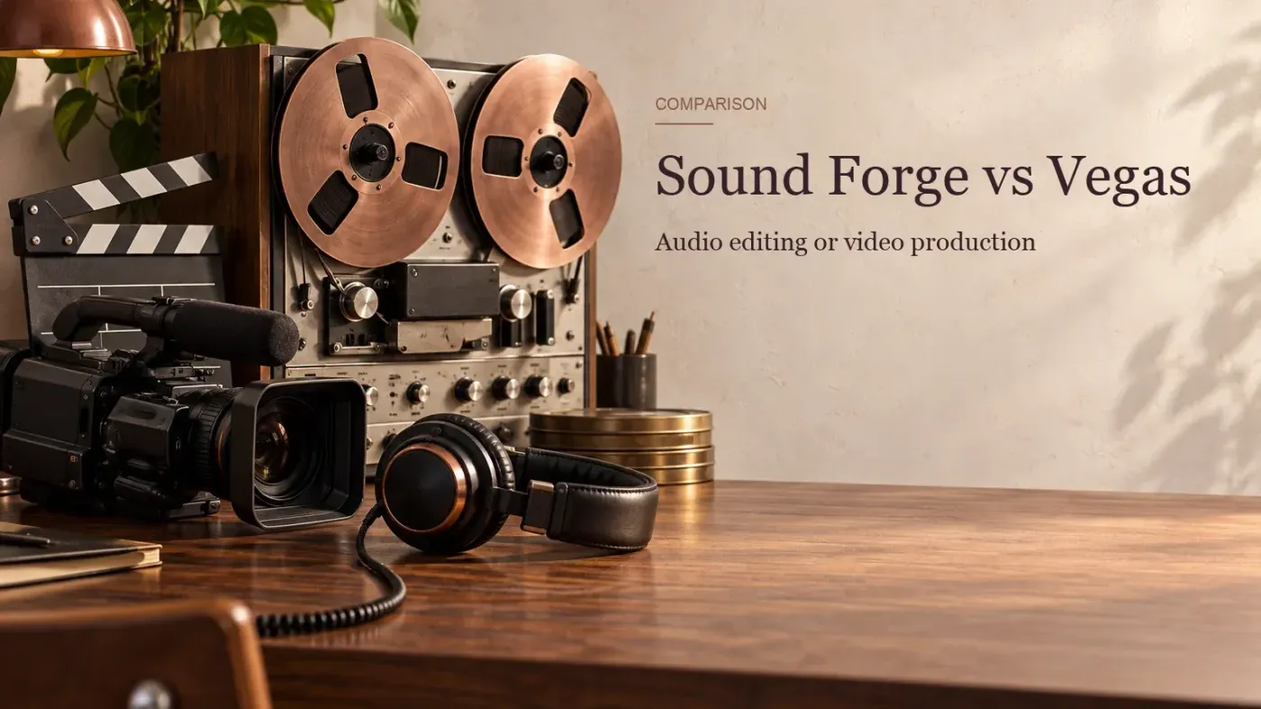 A video camera and film clapper beside a dedicated audio reel deck and headphones on a warm editing desk for comparing Sound Forge with Vegas Pro