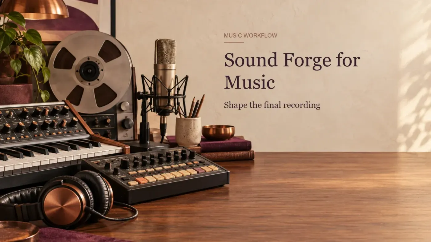 A synthesizer, drum machine, condenser microphone and magnetic tape arranged for a Sound Forge music production workflow