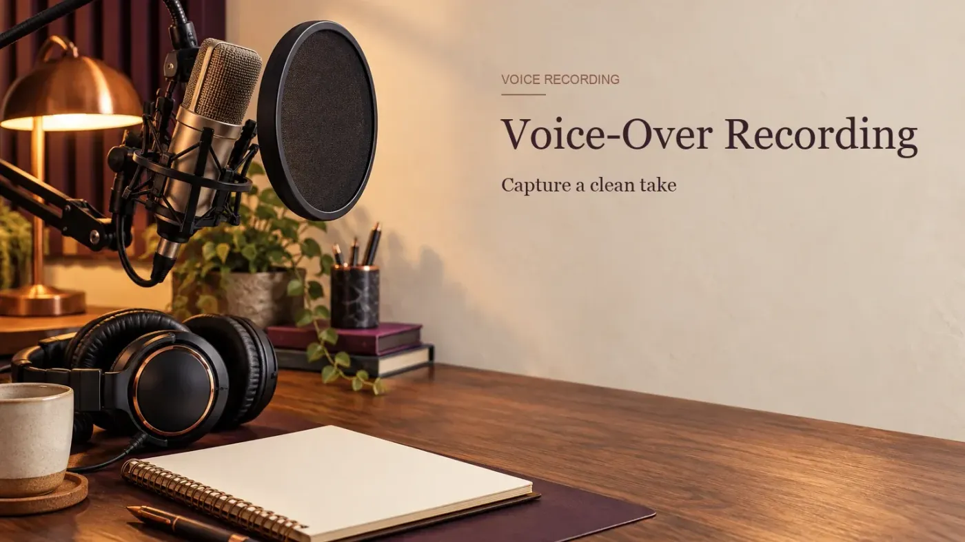 A broadcast microphone with pop filter, headphones and script pad for voice-over recording in Sound Forge Pro